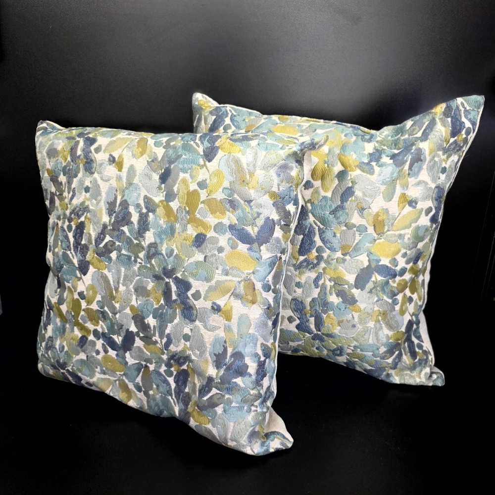 Throw Pillow Set of 2 18x18 Blue Green Floral Woven Jacquard Decor